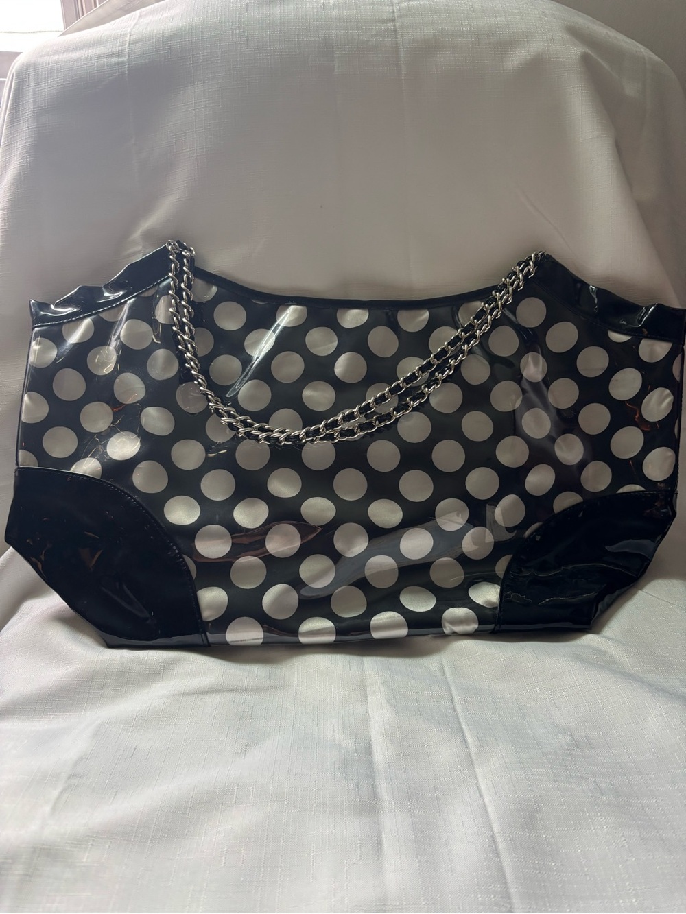 Polka Dot Chain-Handle Black Tote